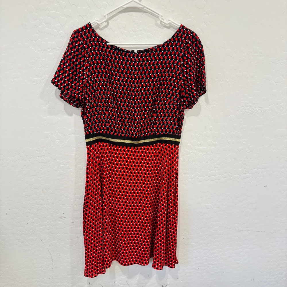 Anthropologie Maeve Bunny Mixed Print Dress Womens 10 Red Black Gold Novelty - Picture 2 of 8